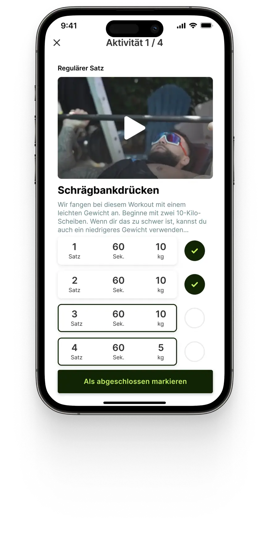 Elite Performance App Workout Screen